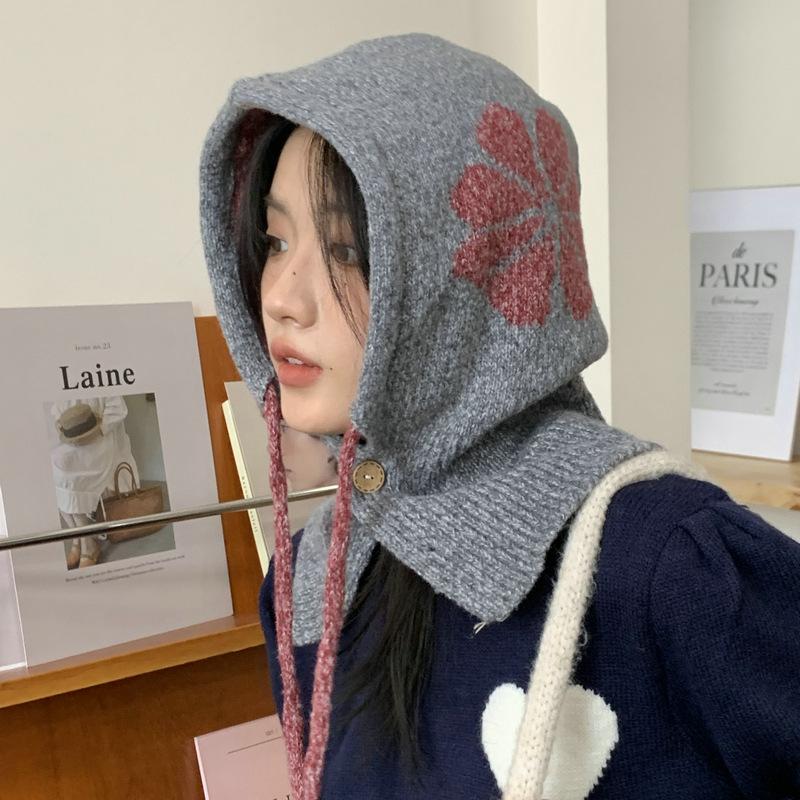 Knitted Warm Wool Hat Women's Winter Flower Drawstring Balaclava Ear Cap