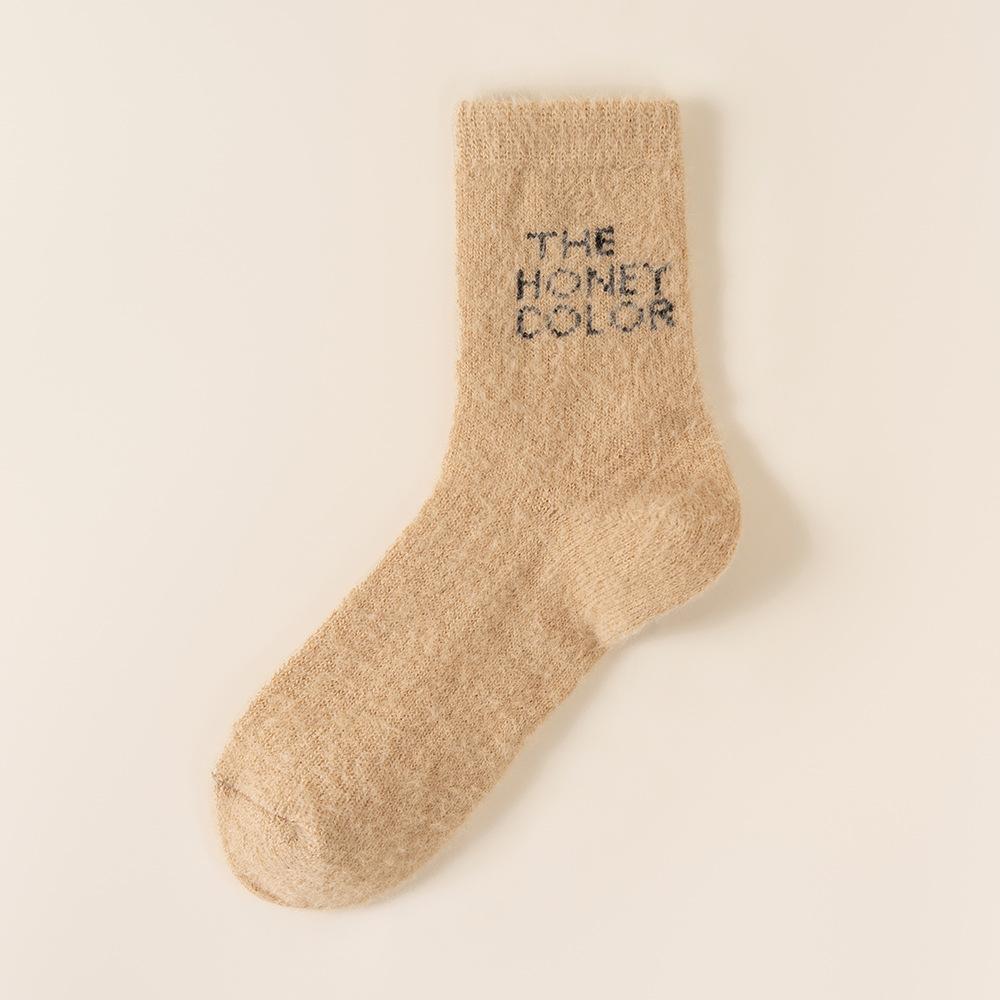 Women's Mid-calf Socks for Autumn and Winter, Thickened Mink Fleece Letter, Fluffy Sleeping Floor Socks, Winter Warm Long Calf Socks