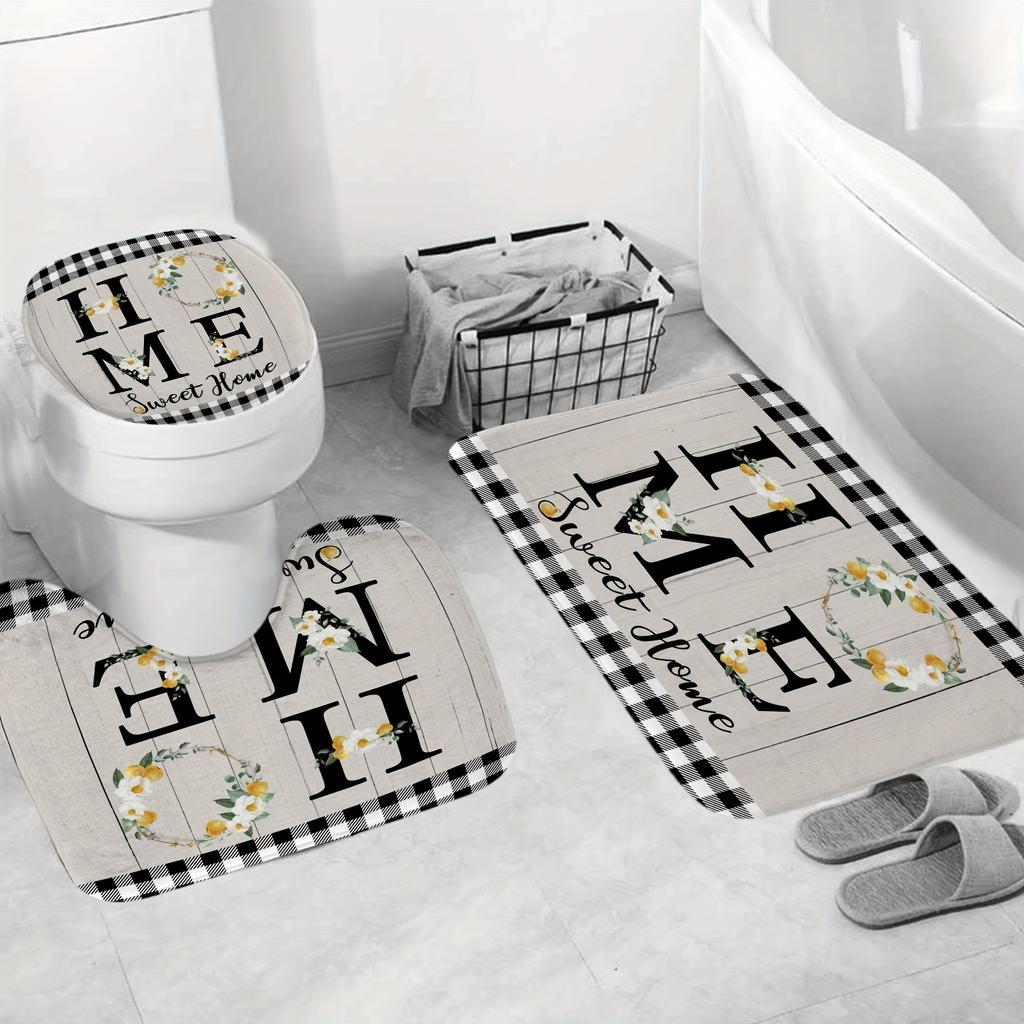 4 szt. Sweet Home Wood Plaid zasłona prysznicowa zestawy wodoodporne do łazienki antypoślizgowe dywaniki łazienkowe pokrywa nakładka na toaletę mata do kąpieli zestaw łazienkowy
