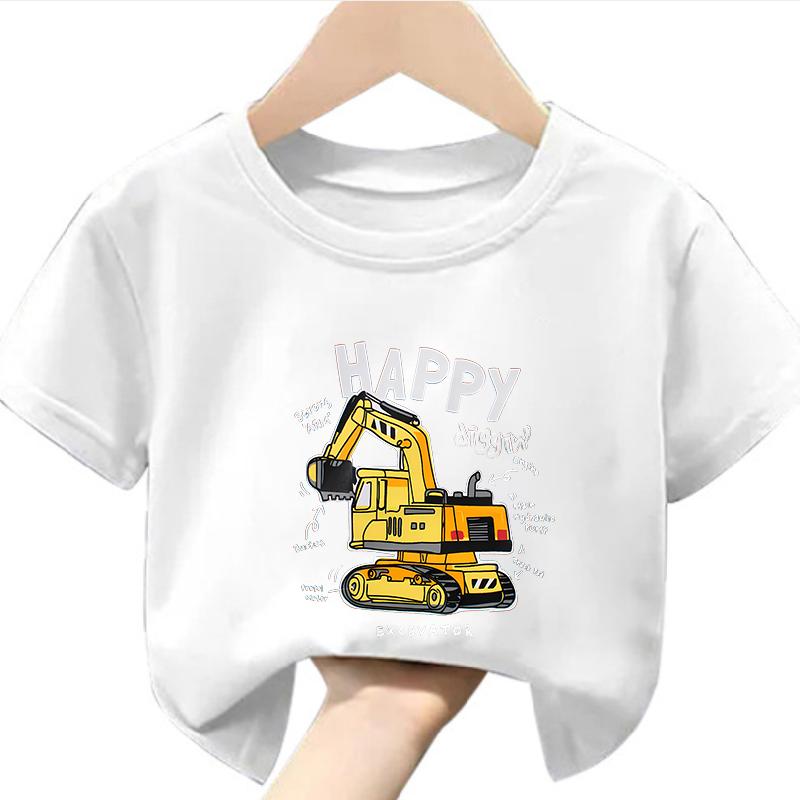 Summer Short Sleeve Tshirt for Girls Excavator Print Casual Comfortable round Neck Childrens Wear Boys Polyester Fabric