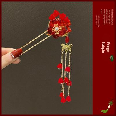 Beauty Vintage Pendant Hair Stick Red Flower Ancient Style Chinese Headwear Headdress Gift Classic Hanfu Hairpin Girls