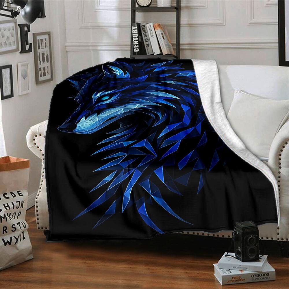 1pc Blue Wolf Head Soft & Warm Polyester Knit Blanket, Digital Printed, All-Season Throw for Napping, Traveling, Sofa yy250906030