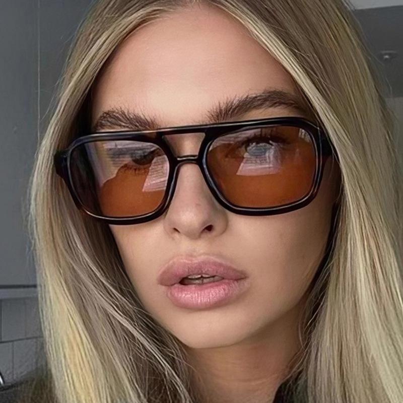 Popular Fashion Leopard Women'S Sunglasses Retro Double Bridges Square Sunglass Female Big Frame Ocean Gradient Eyewear