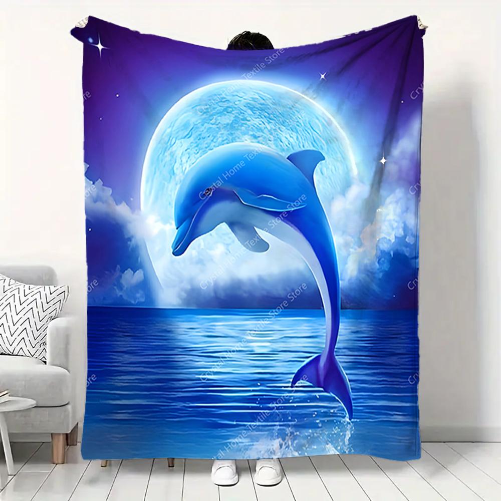 Dolphins Under The Moonlight Flannel Blanket Soft Warm Throw Blanket Lunch Break Blanket For Couch Sofa Office Bed Camping Trave