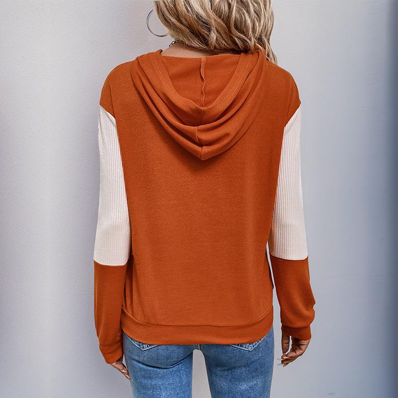 Ledig Komfort och Mångsidighet Höst Stickad Färgblockering Färg Tröja Kvinnor Med Huva