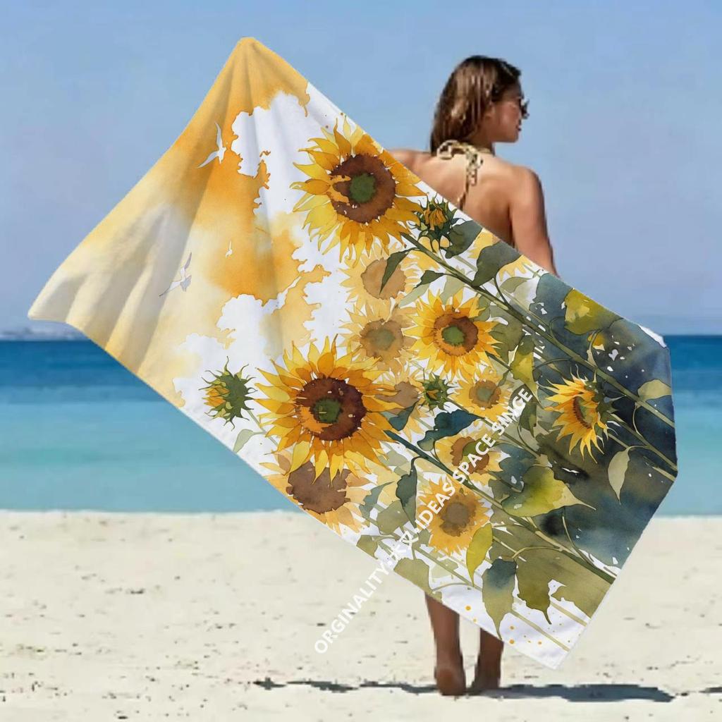 Watercolor Sunflower Beach Towel Patterned Sunscreen And Windproof Suitable For Swimming Pool Camping Travel Blanket