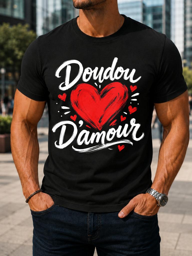 Doudou Amour Brush Script French Love Text Hand Drawn Red Heart Cute Rounisextic Partner Theme Unisex Unisex All Tshirt
