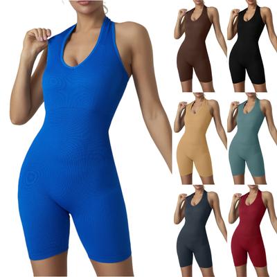 Sleeveless Ribbed Bodysuit for Women Athletic Neck Fitted Short Romper Yoga Workout Jumpsuit