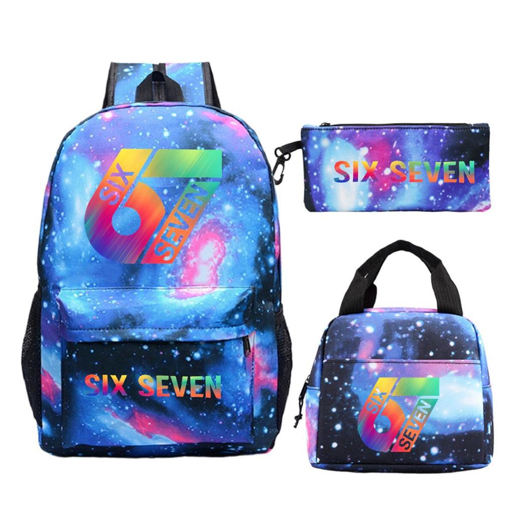 Sechs Sieben 67 Bedruckter Kinderrucksack Brottasche Federmäppchen Schultasche für Schüler Dreiteiliges Set