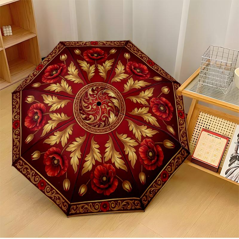 

Ornate Red Poppy Disc Theme Automatic Umbrella Compact 8-Rib Design Sturdy Construction Durable Umbrella Stylish Accessory