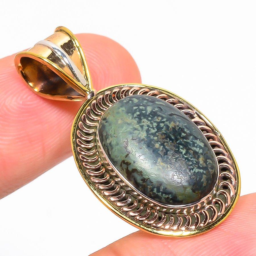 Natural Rhyolite Gemstone Two Tone 925 Solid Sterling Silver Pendant 1.50'' o3L43