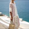 2025 European & American Women's Striped Linen Cotton 2-Piece Set: Round Neck Short Sleeve Top and Casual Pants.