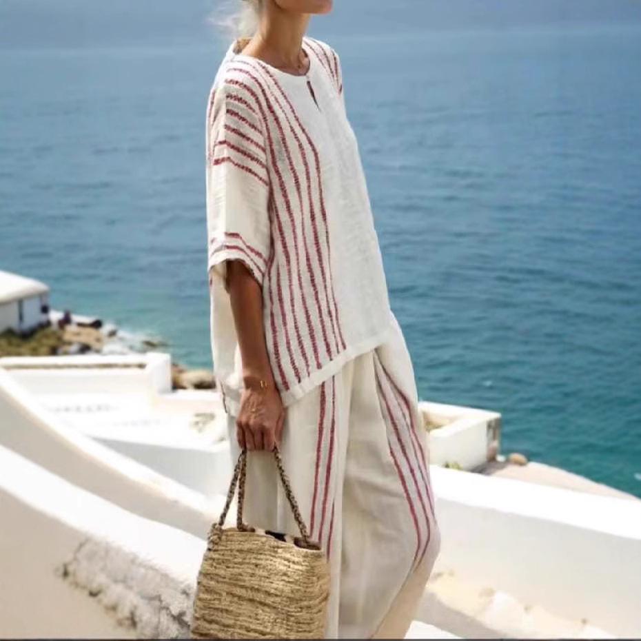 2025 European & American Women's Striped Linen Cotton 2-Piece Set: Round Neck Short Sleeve Top and Casual Pants.