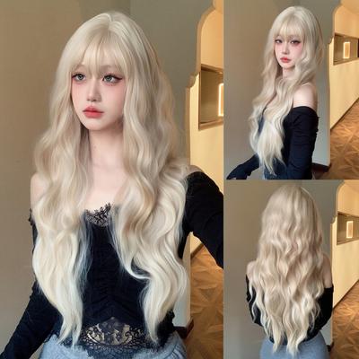 Peluca Rubio Platino 613 Peluca Larga Ondulada Sintética con Flequillo Rizos Mezclados Dorados para Mujeres Cosplay Fiesta Uso Diario Resistente al Calor
