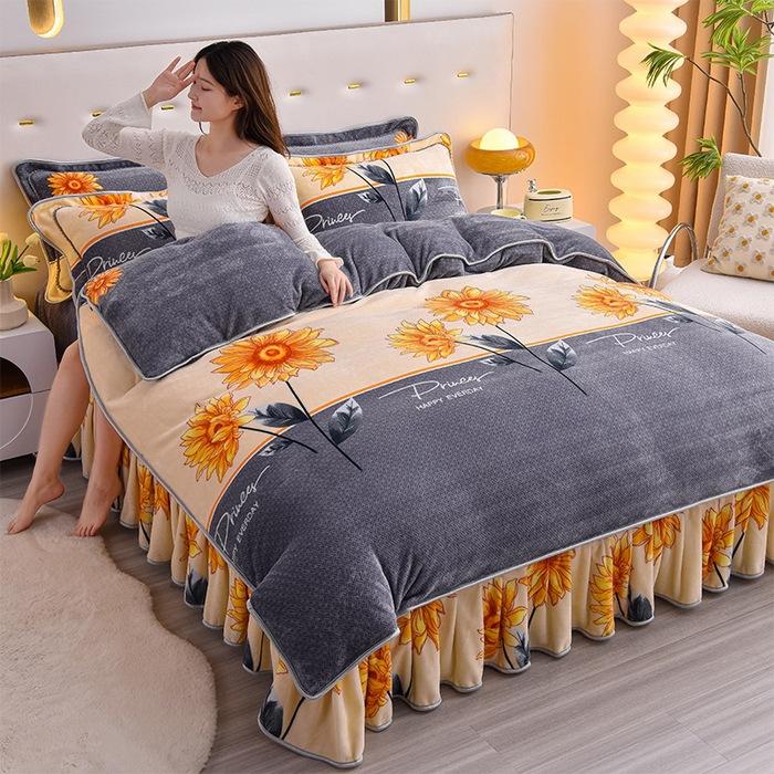 Thickened Milk Fleece Four-Piece Warm Double-Sided Coral Fleece Quilt Cover Flannel Sheet Bed Skirt Bedding