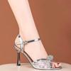 Fashion Women's Stiletto Sandals Round Head Open Toe Embroidered Mesh Fabric Line with Anti-slip Wear-resistant High Heels