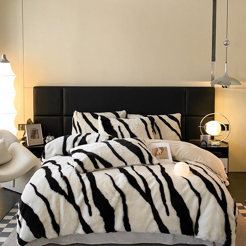 4Pcs Thickened Winter Faux Rabbit Milk Velvet Zebra Print Bedding Set Short Plush Soft Warm Duvet Cover Set Bed Sheet Pillowcase