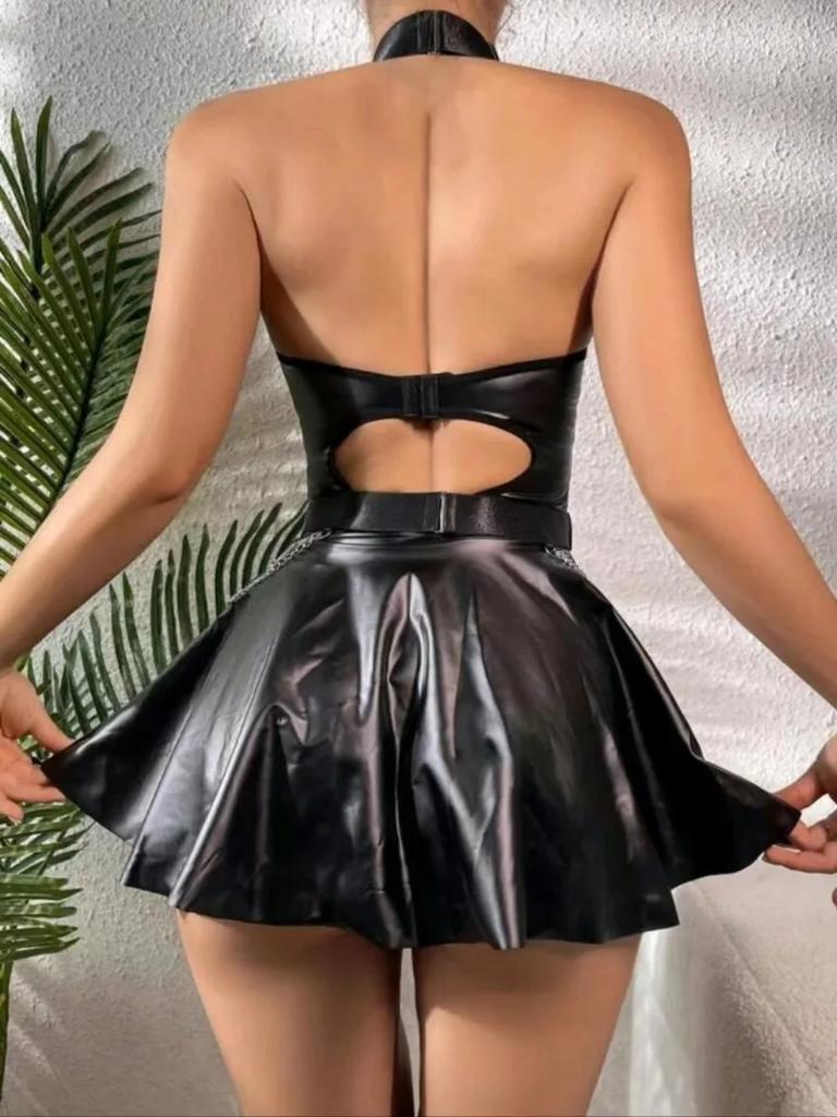 Womens Exotic Faux Leather Dresses Fetish Hater Backless A-line Latex Mini Dress Lingerie Push Up Sexy Costumes Black Dresses