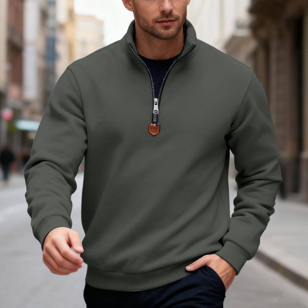 Men's Autumn/Winter Heavyweight Fleece Sweatshirt with Embroidered Logo Design, Half-Zip Stand Collar