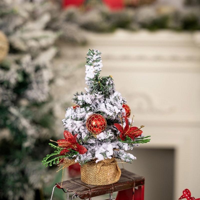 Small Tabletop Festival Display Tree Plush Trimmed Miniature Christmas Tree Festival Table Ornament for Home Decors