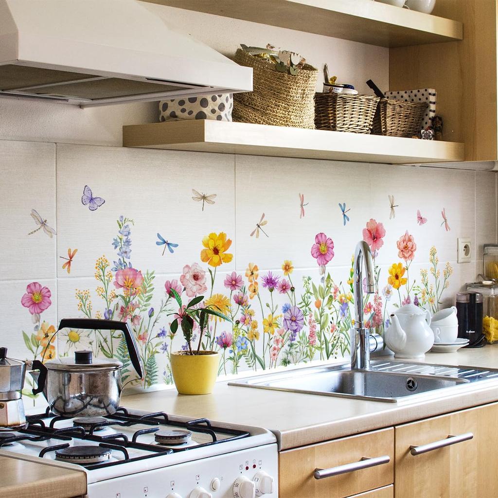 Wall Flower Floral Wall Decorative Wall Decal for Living Bedroom Wall Wallpaper Stickers, Plants, Purple, Lavender, Ball, Blue, Dandelion, Butterfly,