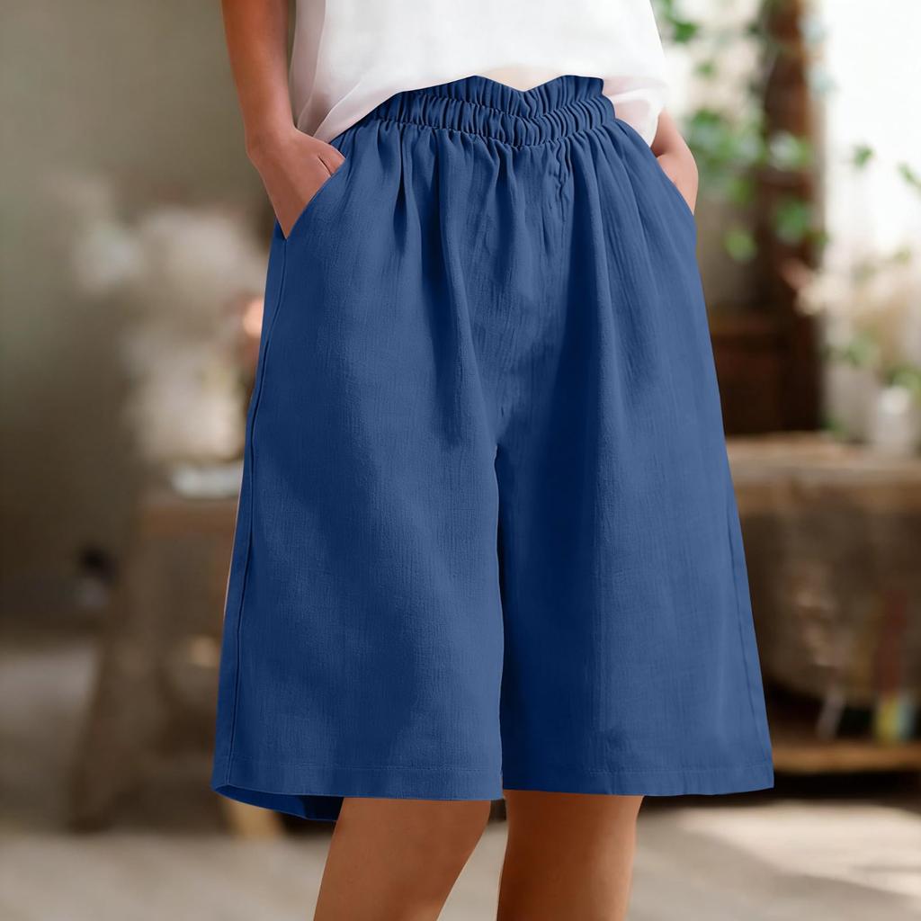 Women's Casual Cotton Linen Bermuda Shorts with Pockets Elastic Waist Loose Fit Color