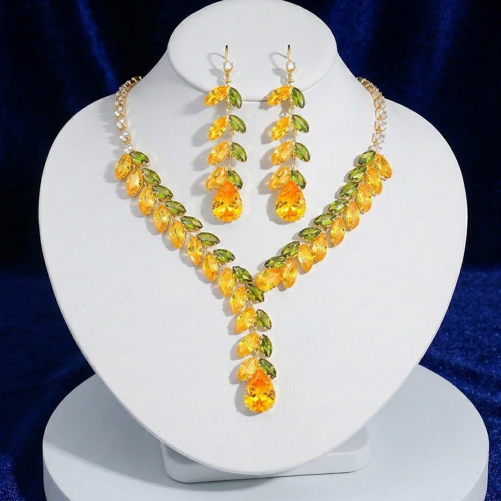 European & American Fashion Trend Zircon Earrings Necklace Set with Wheat Ear Tassel - Fresh, Stylish Jewelry Clavicle Chain.