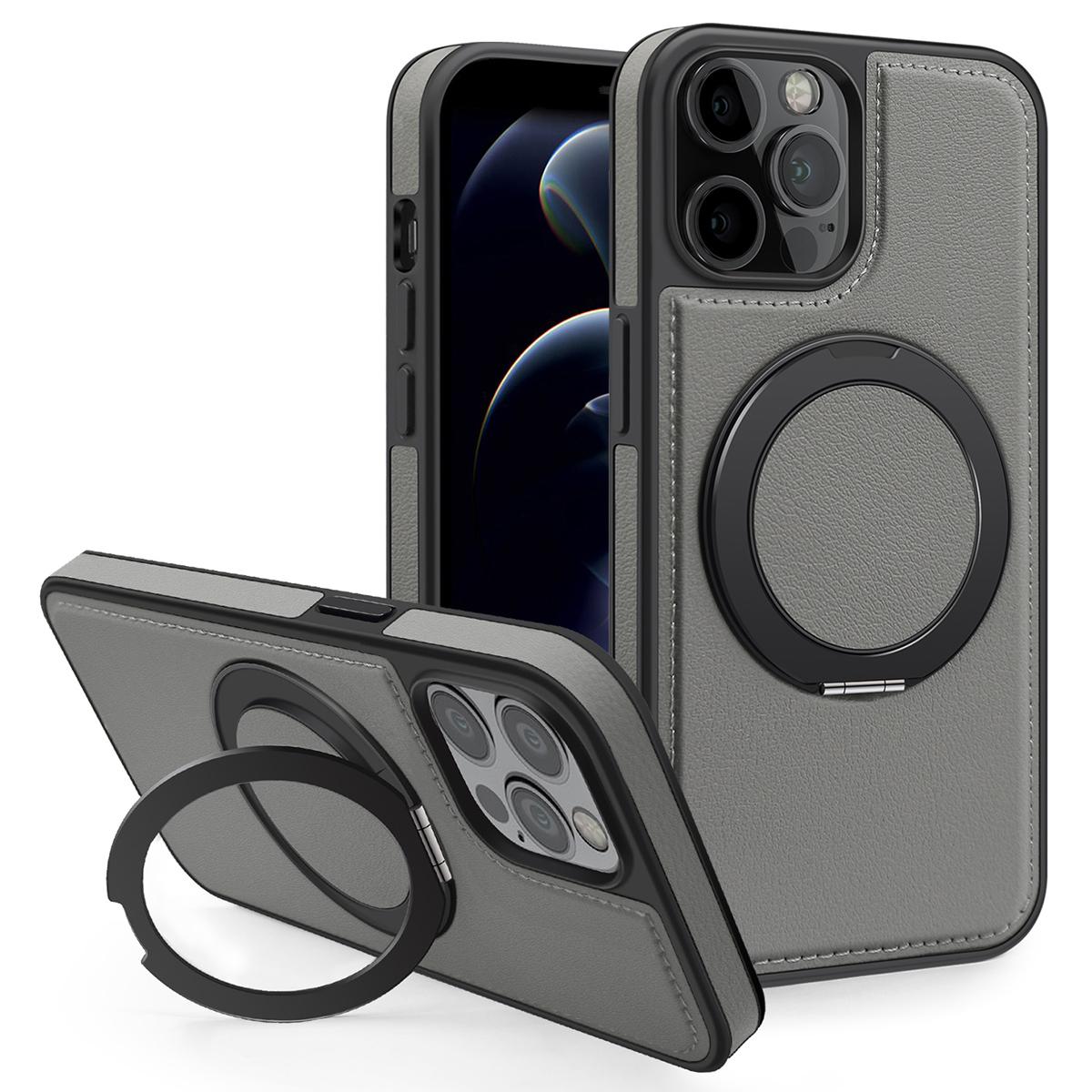 

For iPhone 12/12 Pro Case with Ring Kickstand Compatible with MagSafe PU Leather Back Cover Grey