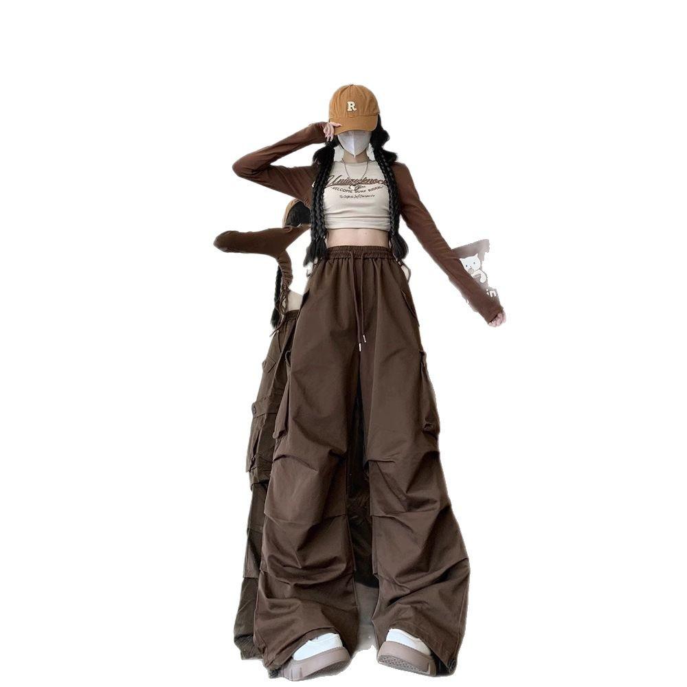 Girls' Chinese Style Pleated Cargo Pants - Spring/Autumn American Street Dance, Outdoor Sports, Plus Size, Straight Leg.