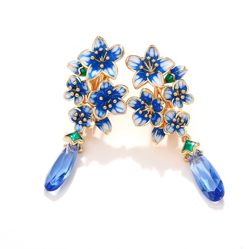Huitan Aesthetic Blue Flower Enamel Earrings for Women Luxury Trendy Gold Color Wedding Party Romantic Lady Earrings New Jewelry