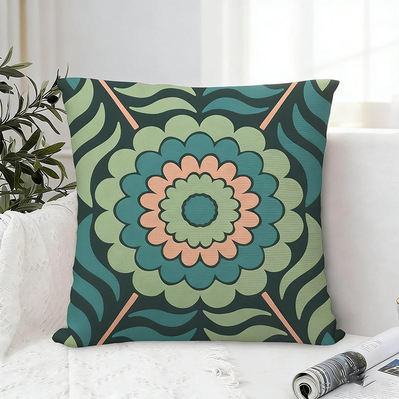 Boho Green Floral Mandala Cushion Cover Peach Skin Retro Sun Throw Pillow Case For Living Room Sofa Bed Couch Home Decor Indoors