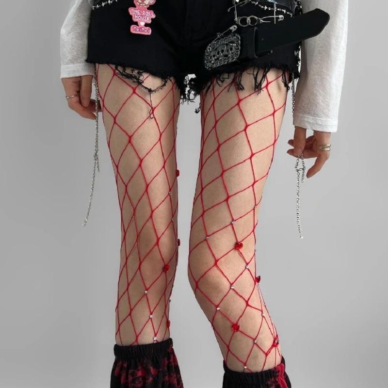 

Summer Thin Nylon Black Tights Y2K Spicy Girls Sexy Unique Fishnet Stockings Women Ins Trendy Subculture Blingbling JK Pantyhose One Size красный