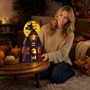 Halloween Haunted House Decoration with Witch Flying on Broomstick Ghost Black Cat Pumpkin and Bats Lighted Halloween Ornament for Indoor Use