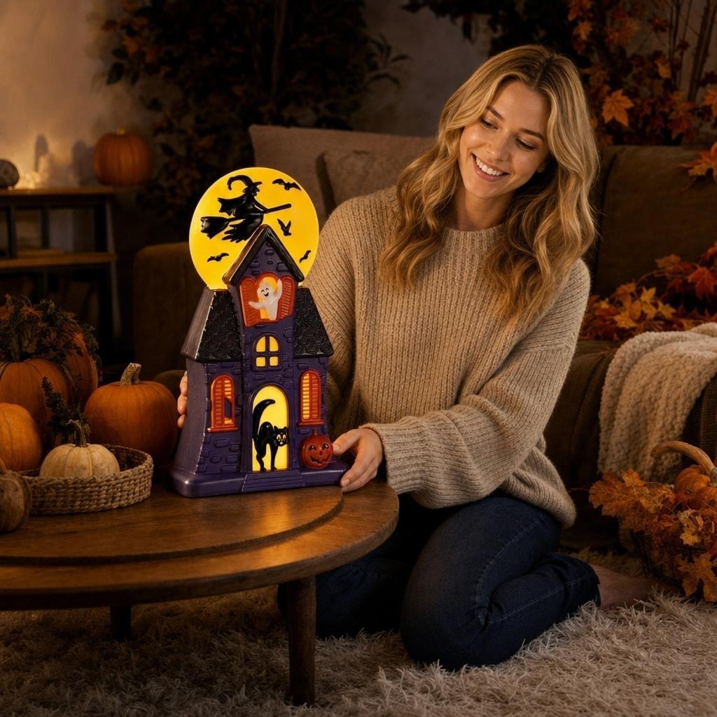 Halloween Haunted House Decoration with Witch Flying on Broomstick Ghost Black Cat Pumpkin and Bats Lighted Halloween Ornament for Indoor Use