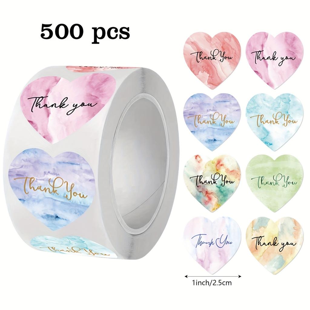 500 Stickers/Roll Ins Style Multicolor Thank You Self-Adhesive Roll Stickers, Simple Heart/Shape Suitable for Gift Wrapping Boxes, Envelopes