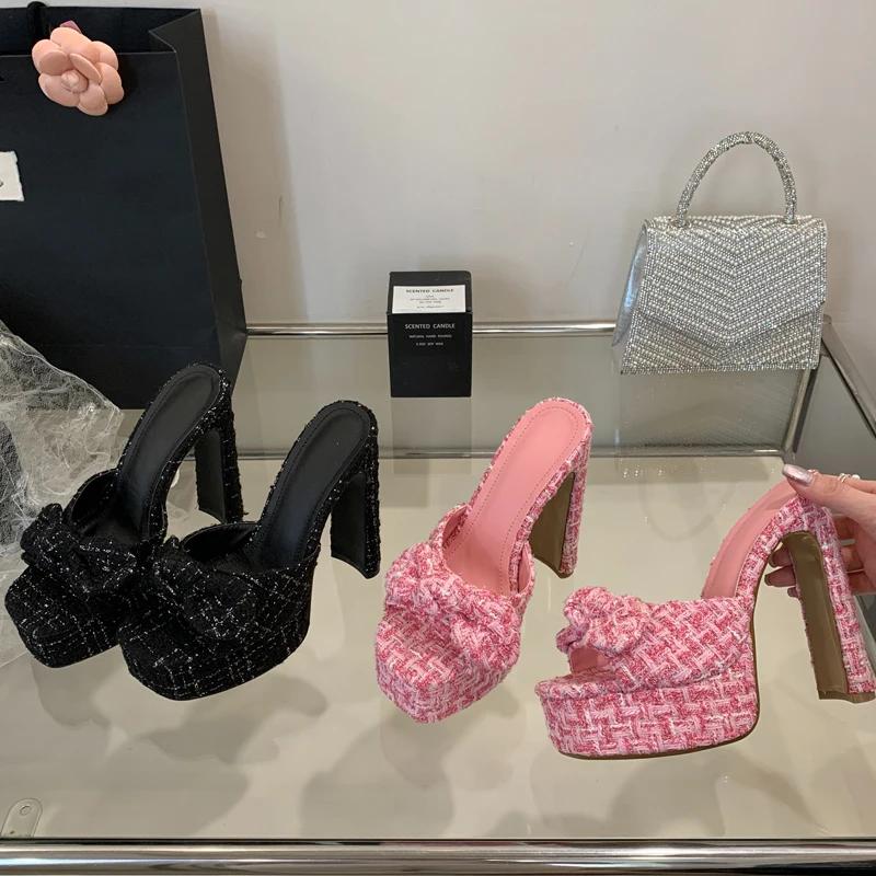 Streetstyle Sommer Zehenfrei Schleife Damen Hausschuhe Mode Plateau Quadratische Absätze Pantoletten Damenschuhe