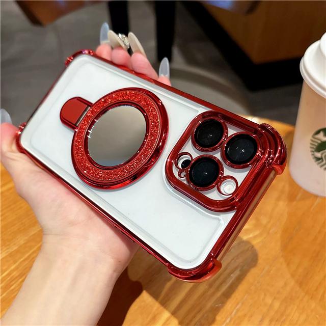 Luxury Plating Flash Mirror Clean Frame Bracket Stand Phone Case For iPhone 11 13 14 15 Plus 16E 16Pro Max Lens Protective Cover