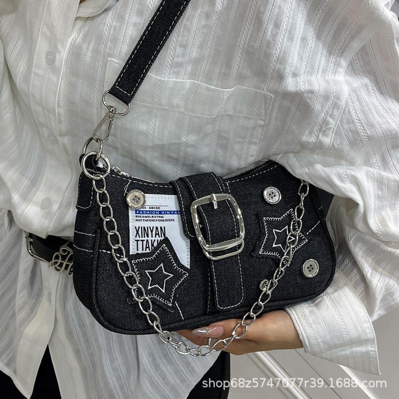 New fashion personalized millennial babes y2k babes black star denim underarm bag niche messenger chain bag