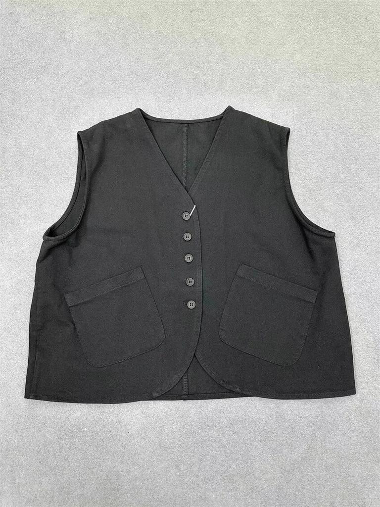 Johnature Spring Loose Vests Women Casual Workwear Sleeveless Top V-neck Cardigan Layered Cotton Coats