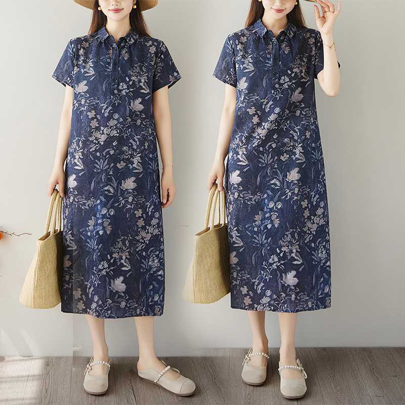Women Floral Print Linen Blend Midi Dress Lapel Short Sleeve Loose A Line Casual Summer Dress
