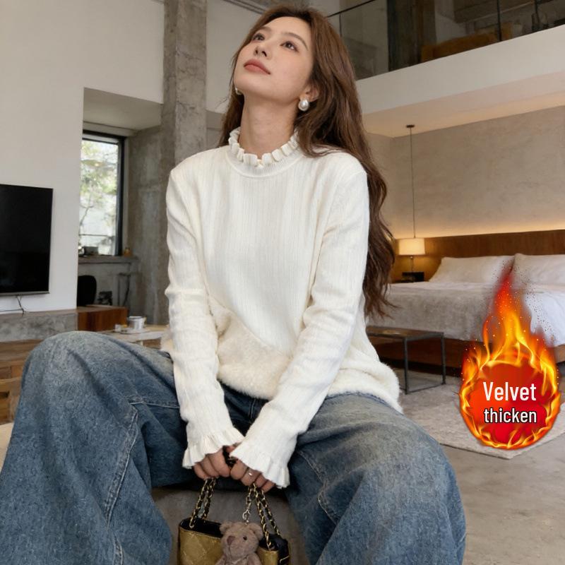 

2025 Winter Plus Size Women s Half-High Collar Knit Sweater with Velvet Lining 2XL абрикосовий