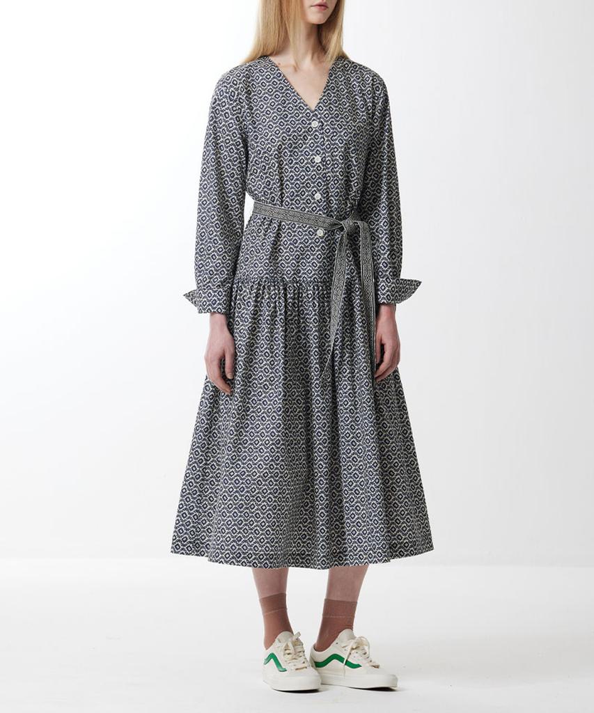 Boyeon V-Neck Print Shirred Shirt Dress Navy 0058