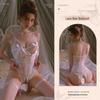 Man Yan Sensual Lace Crotchless Bodysuit with Bowknot - Women's Sexy See-through Cutout Lingerie