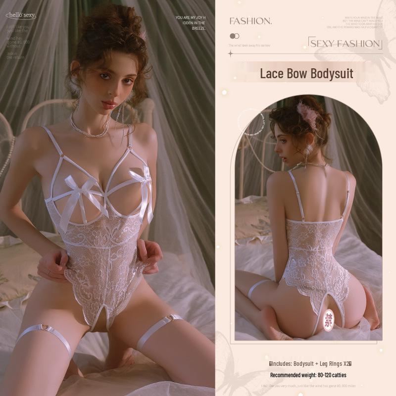 Man Yan Sensual Lace Crotchless Bodysuit with Bowknot - Women's Sexy See-through Cutout Lingerie