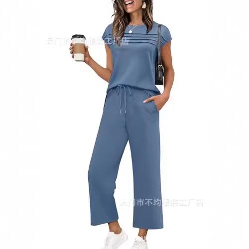European and American women's clothing is popular, spring and summer knitted short-sleeved wide-leg pants casual two-piece set