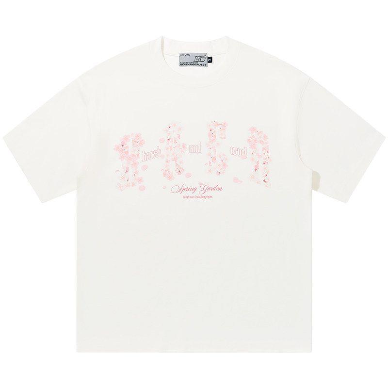 HACR | Harshandcruel Falling Cherry Blossom Loose round Neck Couple Chinese Fad Short Sleeve T-shirt for Men and Women