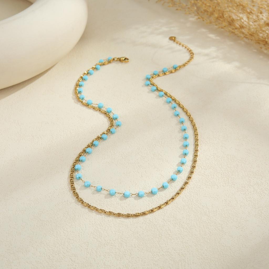 GEMCHIC Women's 18K Gold Plated Stainless Steel Layered Necklace Colorful Beads Starfish Pendant Summer Beach Clavicle Chain