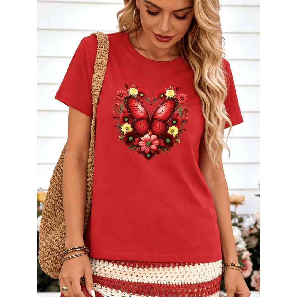 Damen Glitzerndes Strass Schmetterling T-Shirt Blau Grün Glitzer Druck Lässig Rundhals Kurzarm