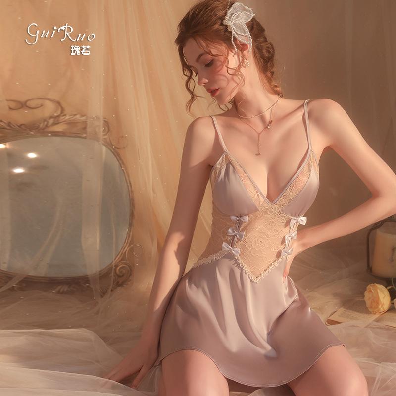 Pyjamas mit Schleife, Spitze, Perspektive, Schlinge, Pyjama-Kleid, Damen-Nachtwäsche