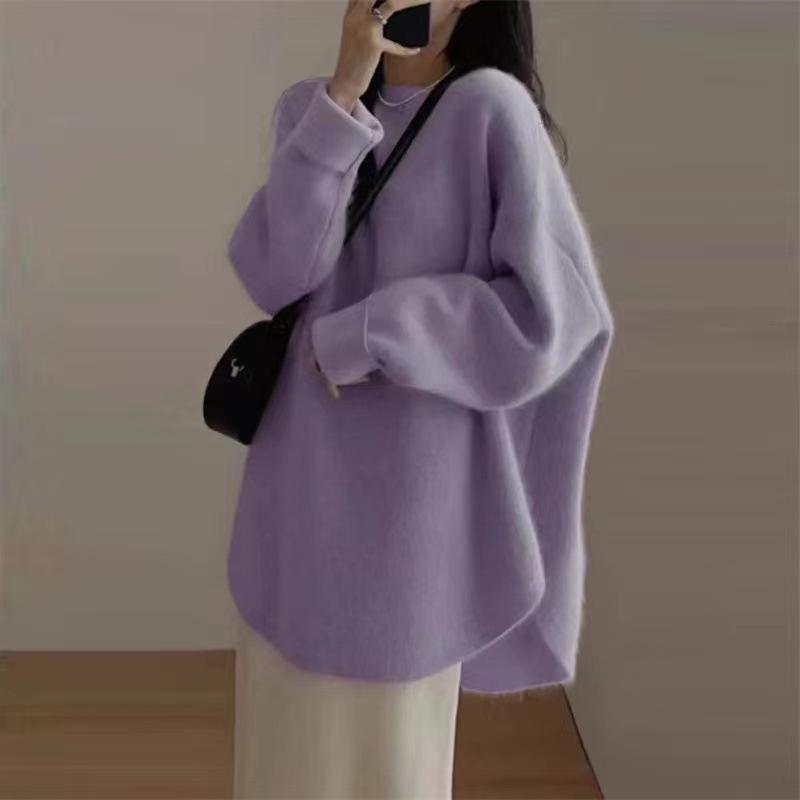 Autumn and Winter Pullover Sweater Women's Medium and Long Gentle Lazy Wind Curved Hem Top Women's High-end